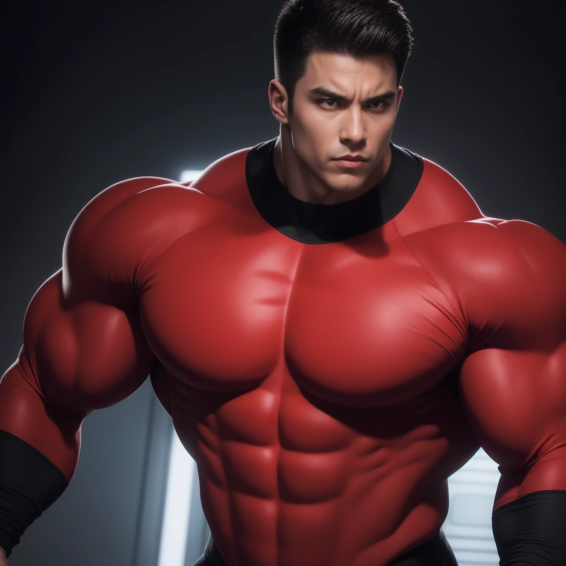 A closeup of a man in a red and black suit with a boxing glove, photorealistic perfect body, sexy muscular body, muscular male hero, superhero body, huge shiny muscles, protruding muscles, muscular body, bodybuilder superhero bikini, muscular character, muscular bodies, muscular!! sci-fi, cinematic body footage, thicc, heroic male pose, muscular thighs Wet, veins evident Take references from these Twitter users: @avi_llla @adonisjing2020 @eddieboiii_x. warm colors, neutral saturation, overt shadows and detailed image, full body, from head to toe, handsome man holding squeezing his own chest, his wet friend looking at him