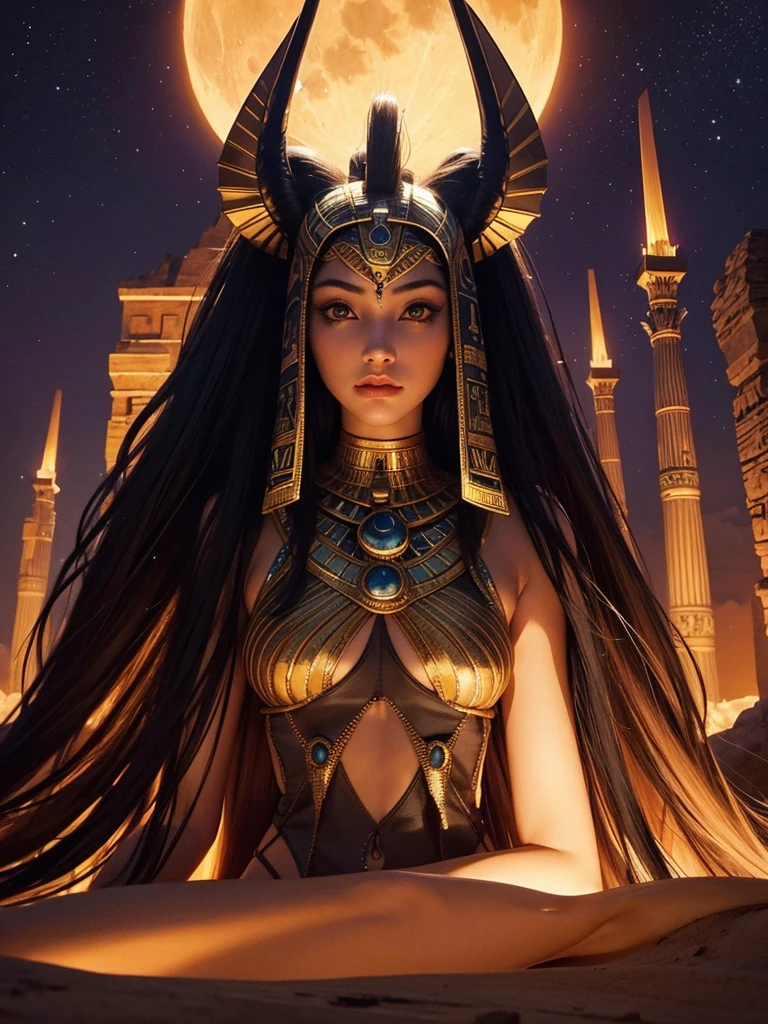 A beautiful desert princess, black skin, detailed face, iridescent emerald eyes,  beautiful detailed eyes, beautiful detailed lips, extremely detailed face, smiling in a confident, intricate headdress, elegant robes, mysterious gaze, ancient Egyptian sphinx, grand pyramid in the background, golden ornaments, glowing warm lighting, photorealistic, highly detailed, 8k, dramatic lighting, fantasy, cinematic