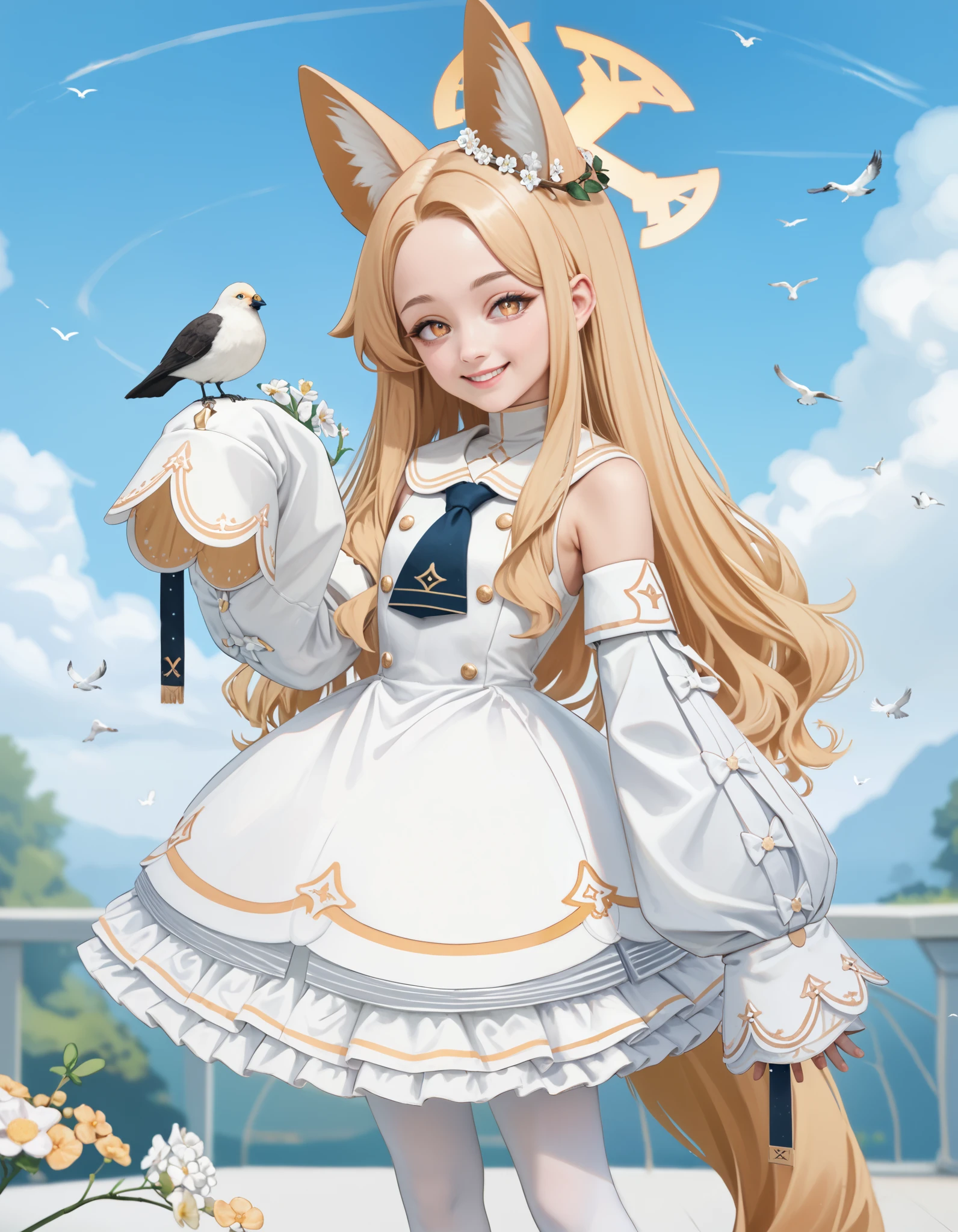 Masterpiece, hd, realistic, best quality, seia, blue archive, yellow eyes, blonde hair, very long hair, fox ears, hair ornament, hair flower, halo, white dress, frilled dress, sleeveless dress, white sailor collar, blue necktie, detached sleeves, puffy sleeves, sleeves past wrists, sleeves past fingers, white pantyhose, smile, potrait, looking at viewer, standing, outdoor, bird on hands