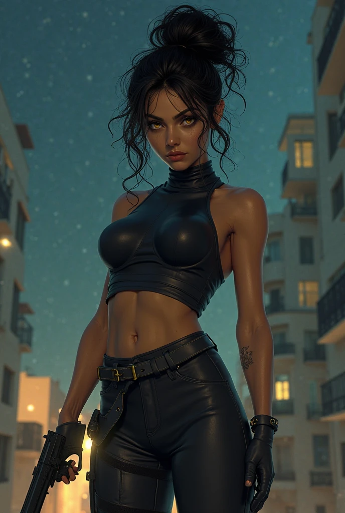 absurdrez, ultra details, high qualiy, Artwork, gorgeous eyes(detailedeyes), short messy black hair, fully body, facial expression laughing, super lashes, fully body, standing, tatoo, scar on the face, nurse outfit, hoop earings, eyes locked,
