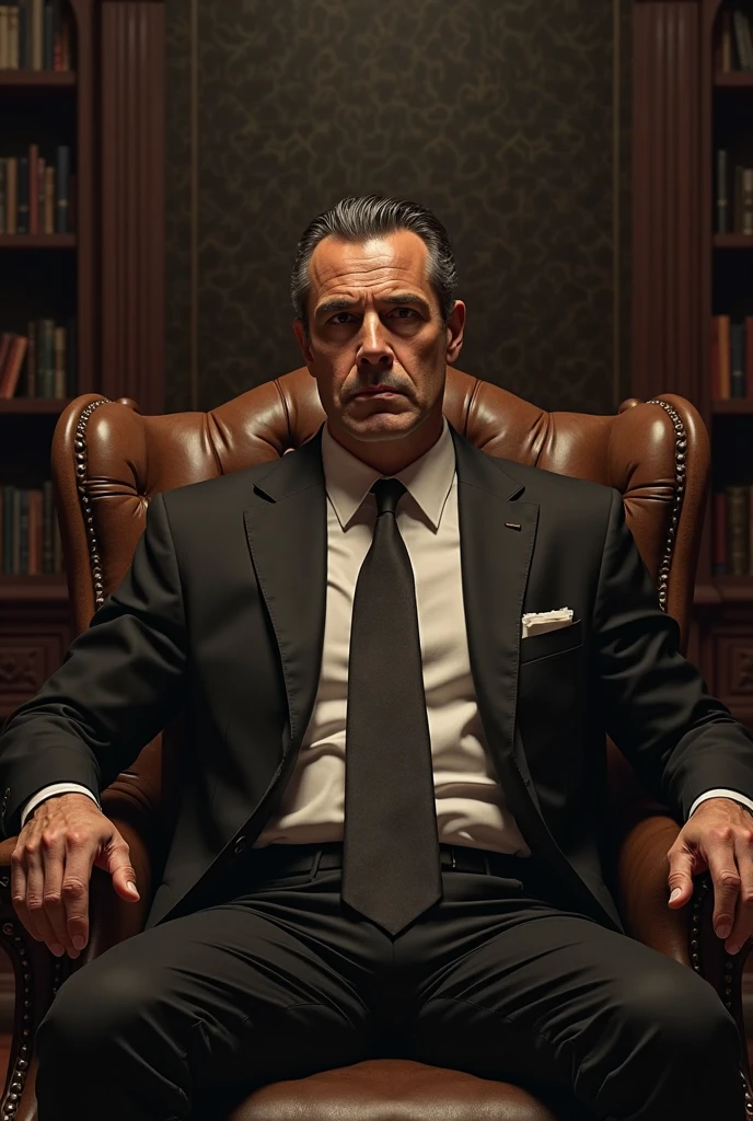 create an image of a person sitting in a chair wearing a suit in a position of power laughing and people in the background happy
remove the smile and make it serious and increase the size of the person sitting in the chair