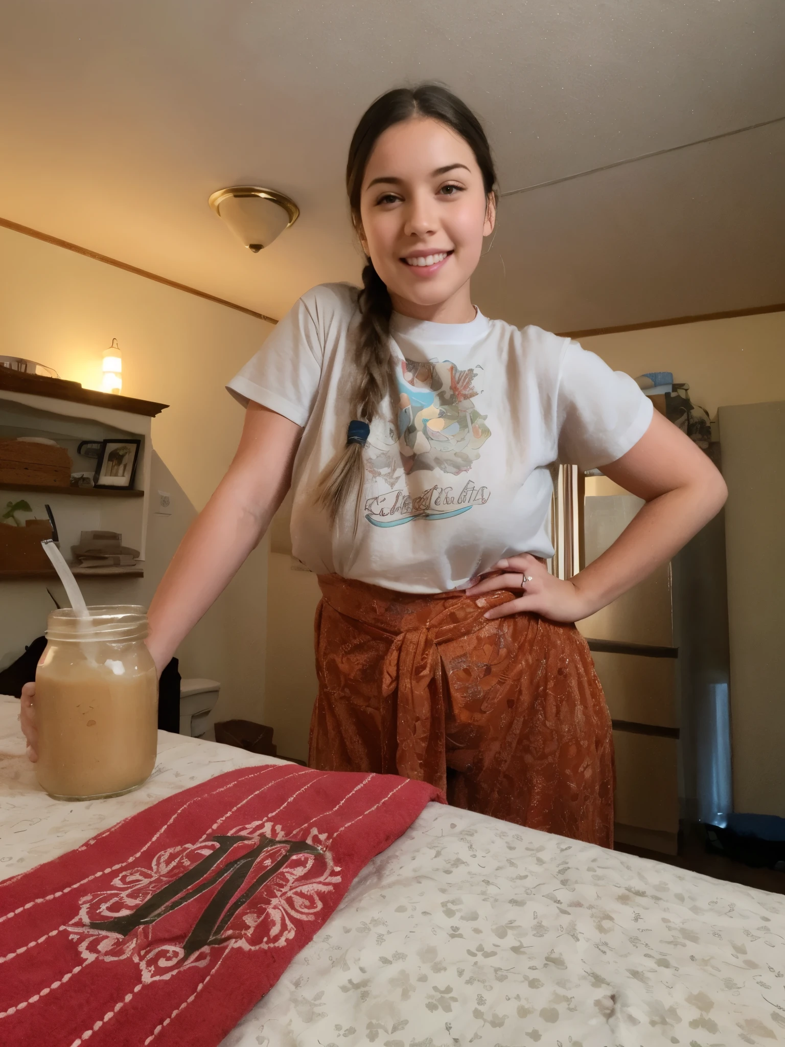 19 year old adorable Muslim woman enjoying nudism in a coffee shop. Wavy black hair. Wearing a green apron. Bending over a counter. Emulating Starbucks advertising. Flashing vagina. Holding coffee cup.