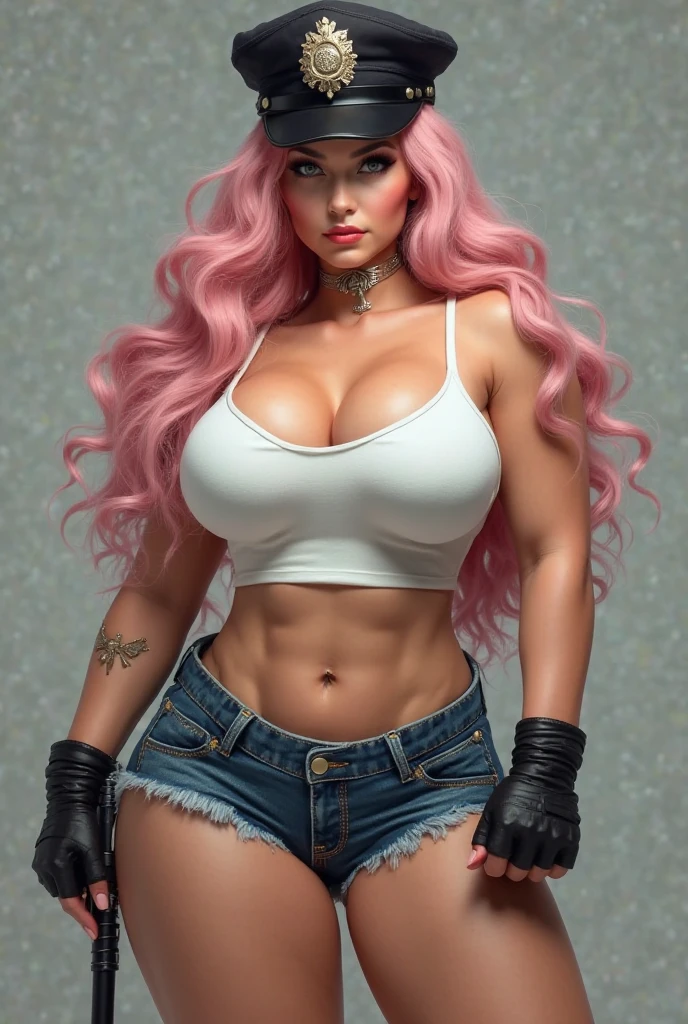 gorgeous woman wearing a silver chainmail bikini and denim hotpants, magenta hair