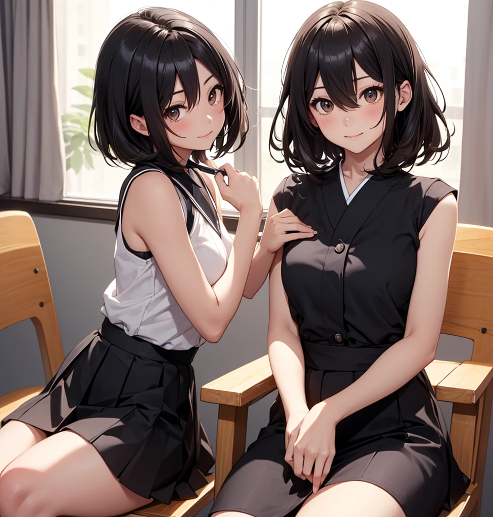 masterpiece, Highest quality,Full body portrait from head to toe、Little and cute twin girls、7age、Two Girls、((Black Hair、Bob Hair))、Grey Eyes、((((Small breasts、Flat Chest))))、Slender body、Open your mouth,((She is sitting cutely on the sofa facing forward.、Two people sitting apart with space between them)),Bedroom、((((smile)))),((Favorability))、((((Detailed facial depiction,Beautiful Eyes)))) ,((((Denim mini skirt、Tight white t-shirt、Black knee-high stockings、High heels)))),Symmetrical composition、Leather Collar