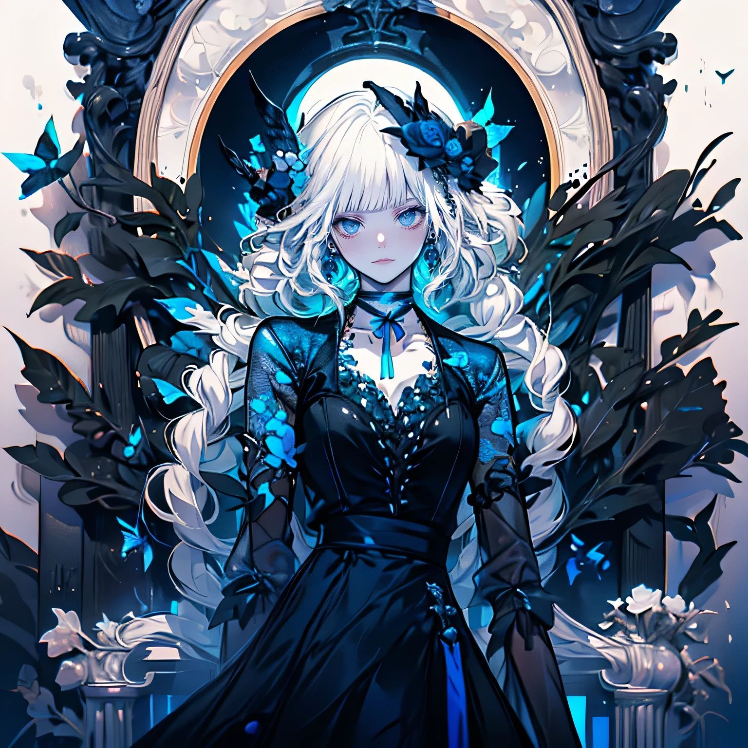 (((a girl surrounded by many arms))), (picture frame), looking at viewer, (masterpiece, best quality:1.3), (absurdres absolutely resolution), (8k), (detailed beautiful face and eyes), (detailed illustration), (super fine illustration), __PROMPT__, 1girl, solo, (monochrome, spot color:1.5), (short white hair, empty blue eyes, blue ribbon, black choker:1.4), (goth fashion, black gothic dress, gothic architecture, embroidery, antique, dark), lineup, outline, horror (theme), dekiAI, manga panel, monochrome, sketch