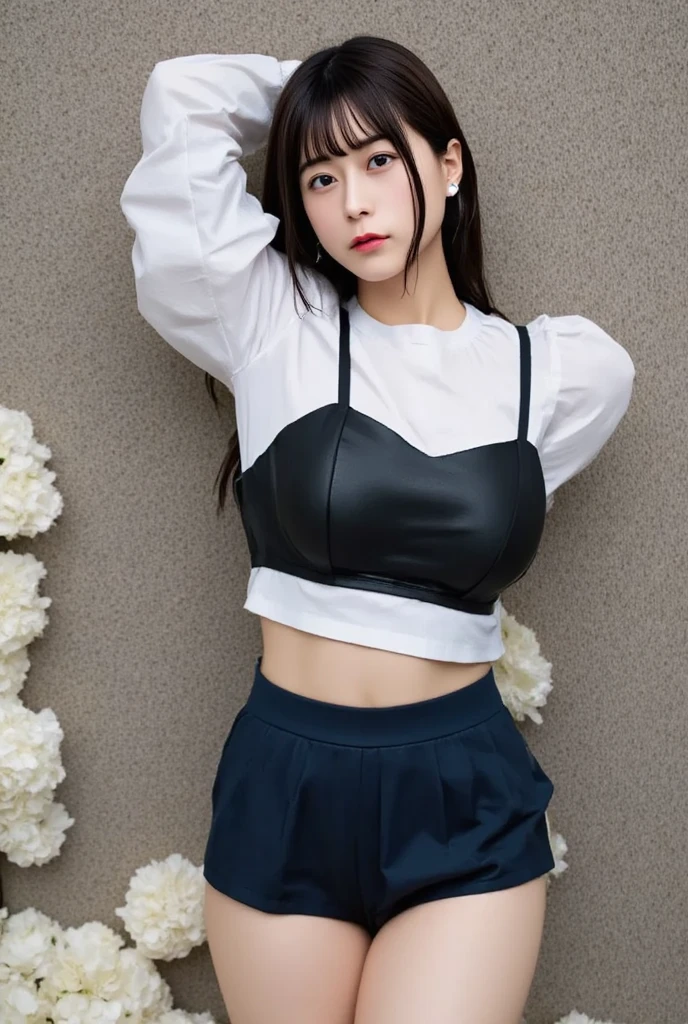 (Best Quality, 8K, masutepiece, Ultra HD: 1.3), 1girl in, small tits ,light brown hair, Blunt bangs, hair behind ear, hair over shoulder, Long hair,  slender body shape, Ultra Fine Face, Delicate lips, Beautiful eyes, Double eyelids, lipsticks, thin blush ,Black eyes ,perfect glossy skin,flawless skin,fair white skin,perspiring,A gaze that invites you, Chest,Ultra-thin hands, Ultra-fine fingers, shirt with collar, tight skirts , beauty legs ,pumps. campus