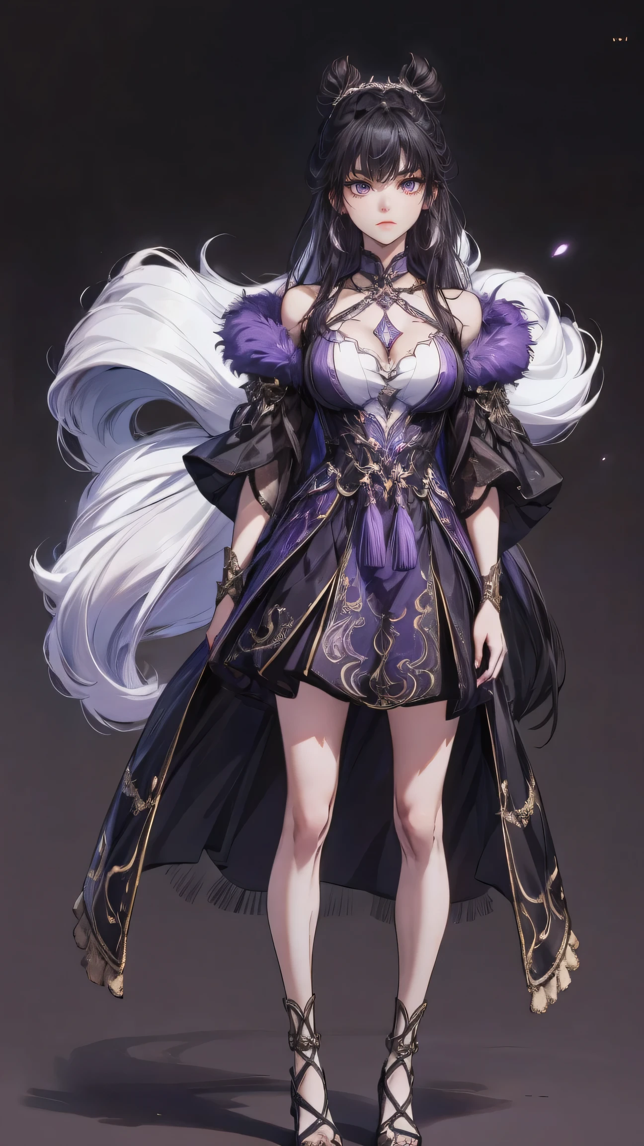 Masterpiece , best quality, 1 Xiao Wu , Face Color Looks Cool , Strong, Golden Left Eye , Red Right Eye , Long hair, Black hair, Firm Eyes , Simple Uniform , Black Long Earrings , Chinese , Front, back, left, right Photo , simple background, purple Background , Anime, illustration, Full body , bun hair , black fluffy animal coat on shoulders , tiny girl , head shot , big breasts , purple eyes , short , character sheet , detail dress