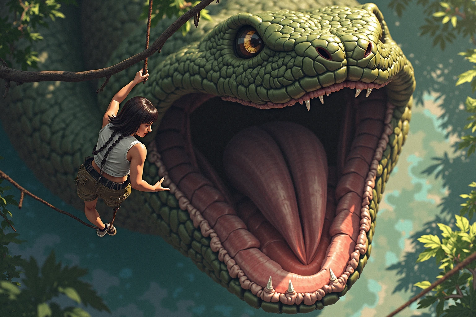Realistic photos, RAW Photos, snake, attacks viewer, Powerful movements, jump on prey, ((Dynamic jump)), Sharp Claws, snake approaching from above, sudden approach, Bad-tempered, dynamic Shot from grand
