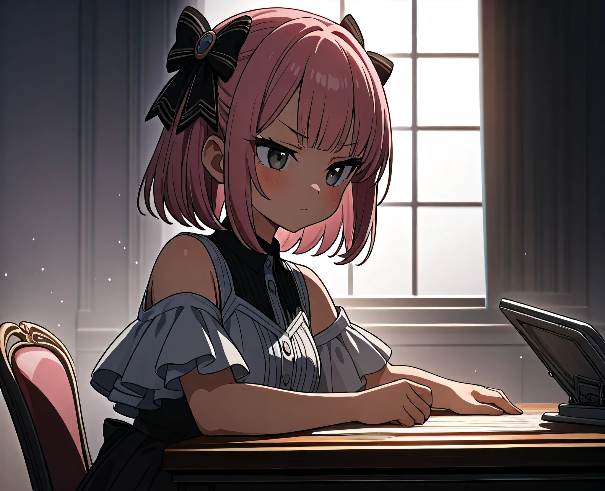 threequaterview、spotlight、 moonlight 、old meeting room、silver desk、sitting on a chair、 ((face forcus)), standing,Source Anime, (Masterpiece), (Best Quality)), (Very Detailed), ((Cute)), (Amazing), (Detailed)), 4K, (8k), Highest Quality , (beautiful), perfect anatomy, ((perfect hands)), (perfect fingers)
ultra-definition depiction, 
break
(( 1girl )), 's years old, short hair,  quick bangs、round face、,, pink hair, ((grey eyes)), hair bow, cute eyes,  Fluffy dress、 jirai, natural make up、looking into the distance
