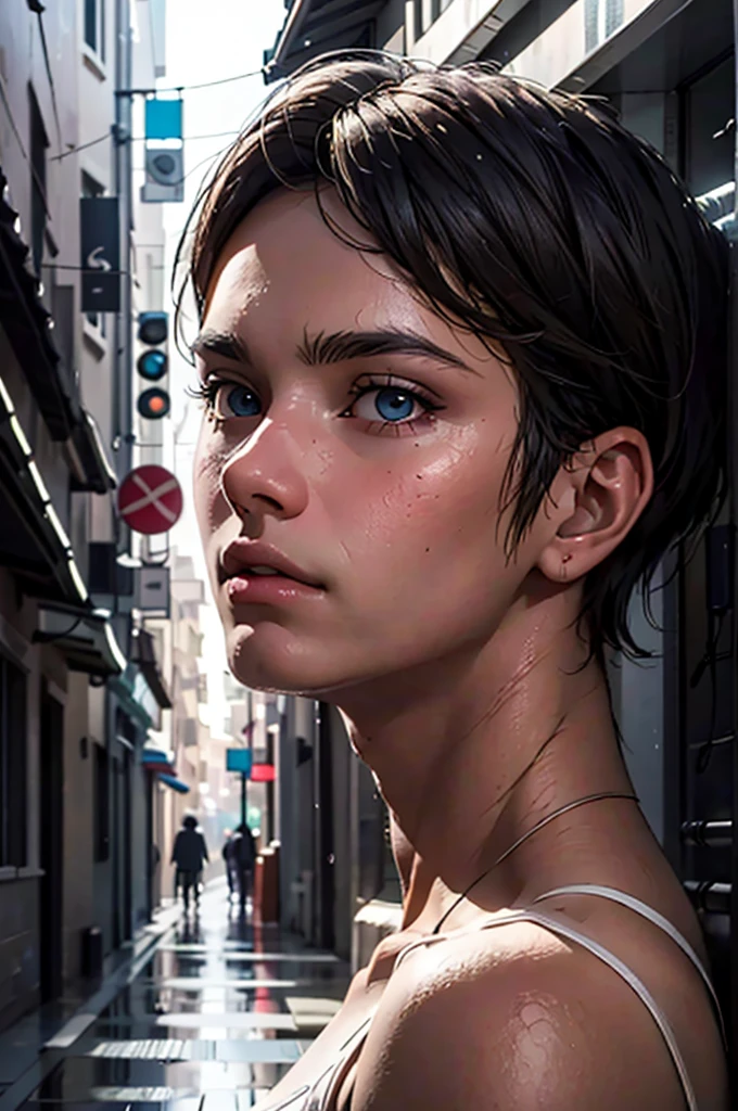 (best quality, masterpiece, highest detailed), (photorealistic:1.2), (detailed light:1.2), (Realistic skin texture:1.4), raw photo, the last of us, adult Ellie from the last of us, looking at the viewer, on street of a destroyed city, post-apocalysis, evening, depth of field, bokeh