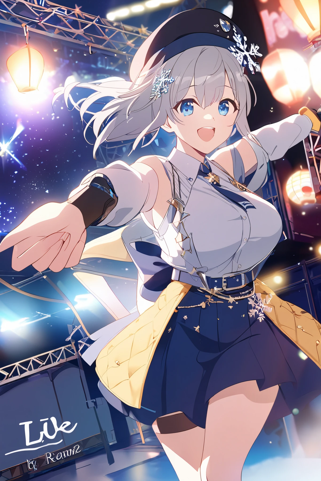 1 girl,microphone, long hair, Big Breasts, viewers, smile, open your mouth, blue eyes, hair ornament, sky full of stars, Lantern, jacket, white shirt, gray hair, sleeveless, collared shirt , belt, letter name , blue skirt, black headwear, , beret, Blue headdress, ,snowflake hair ornament ,dance,live stage