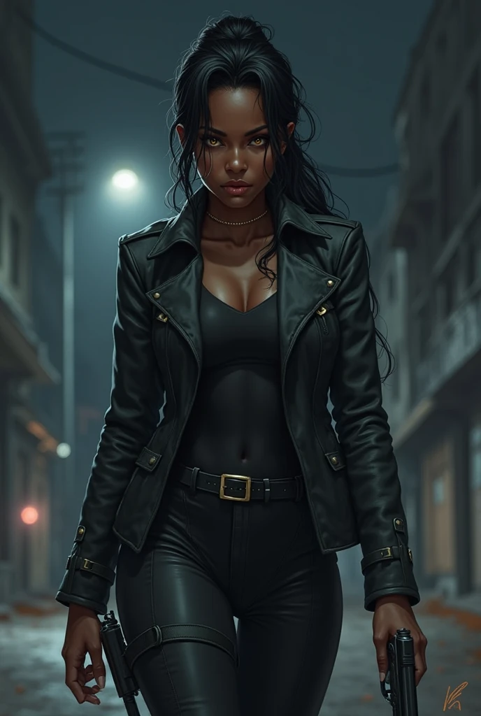 dark-skinned woman, gloves, solo, dark green hair, blue eyes, black gloves, (dynamic pose:1.5), (intricate details:1.2), 8k wallpaper, (highest image quality:1.5), (8k:1.4), (Masterpiece), (ultra-detailed), (Detailed eyes:1.4), (sharp details:1.3), muscular body, black punk jacket, big body, big wavy hair
