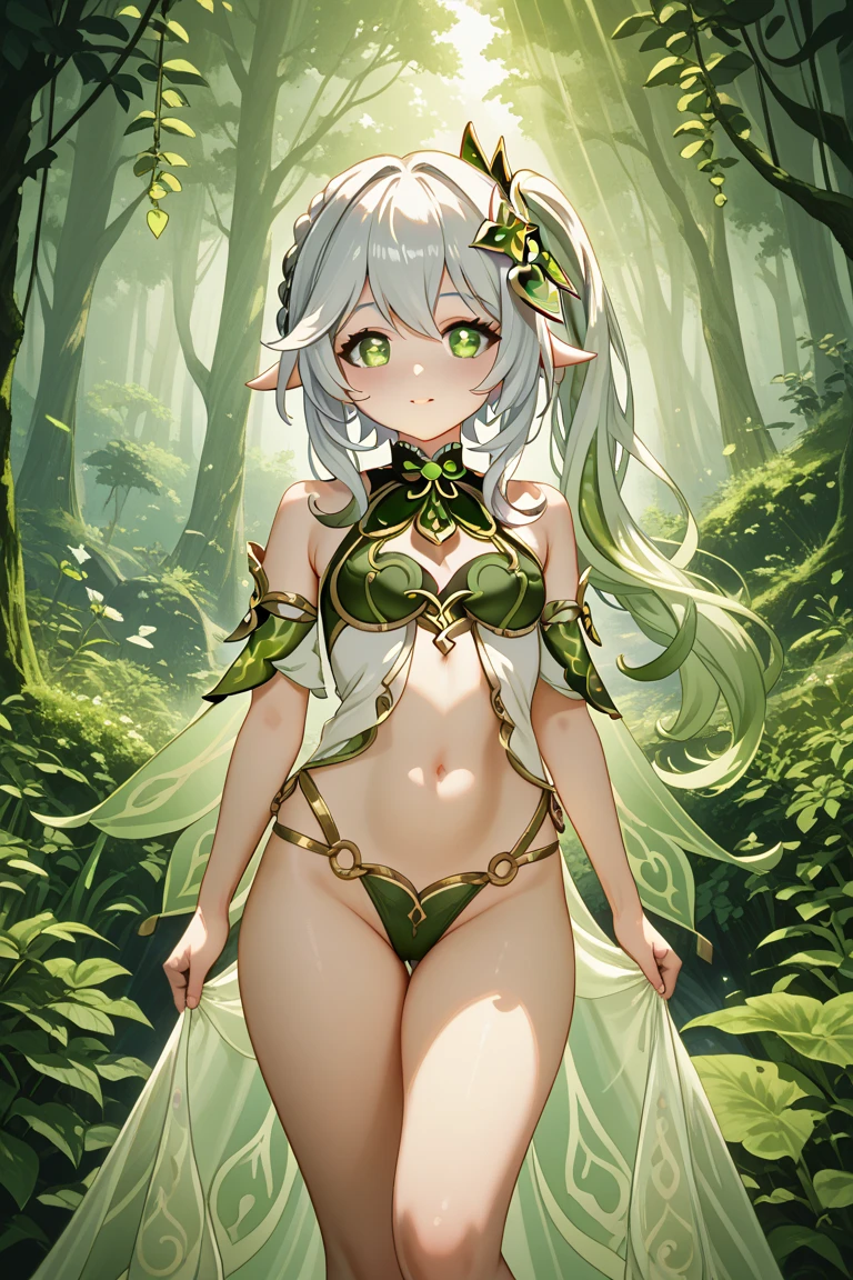 girl, ,, , micro bikini,, super, nahida, micro white bikini, elf ears, silver hair,light green eyes,sexy,green hair ornament,small breasts, from below