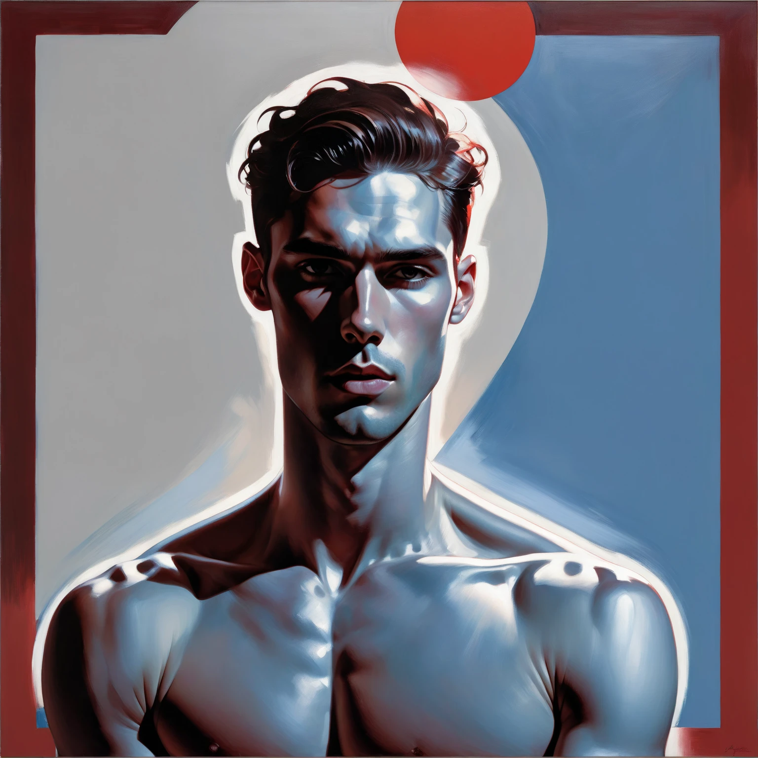 chiaroscuro technique on sensual illustration of an arafed man in white underwear, sexy masculine, diego fazio, male model, by Ludovit Fulla, model with attractive body, inspired by Ludovit Fulla, mid-shot of a hunky, the model draped in flowing, thick oil painting by Harumi Hironaka, extremely soft colors, vibrant, highly detailed, malcolm liepke painting, oil on canvas, high contrast, dramatic, refined, tonal, Create high contrast between light and shadow fire around, there is a red circle on a blue and red square, inspired by Bauhaus, in a shapes background, brown red blue, circle forms, red blue, by Leon Polk Smith, memphis abstract minimal art, graphic shapes, minimal art, blue and red, minimal art style, bauhaus art, inspired by El Lissitzky, bold simple shapes
