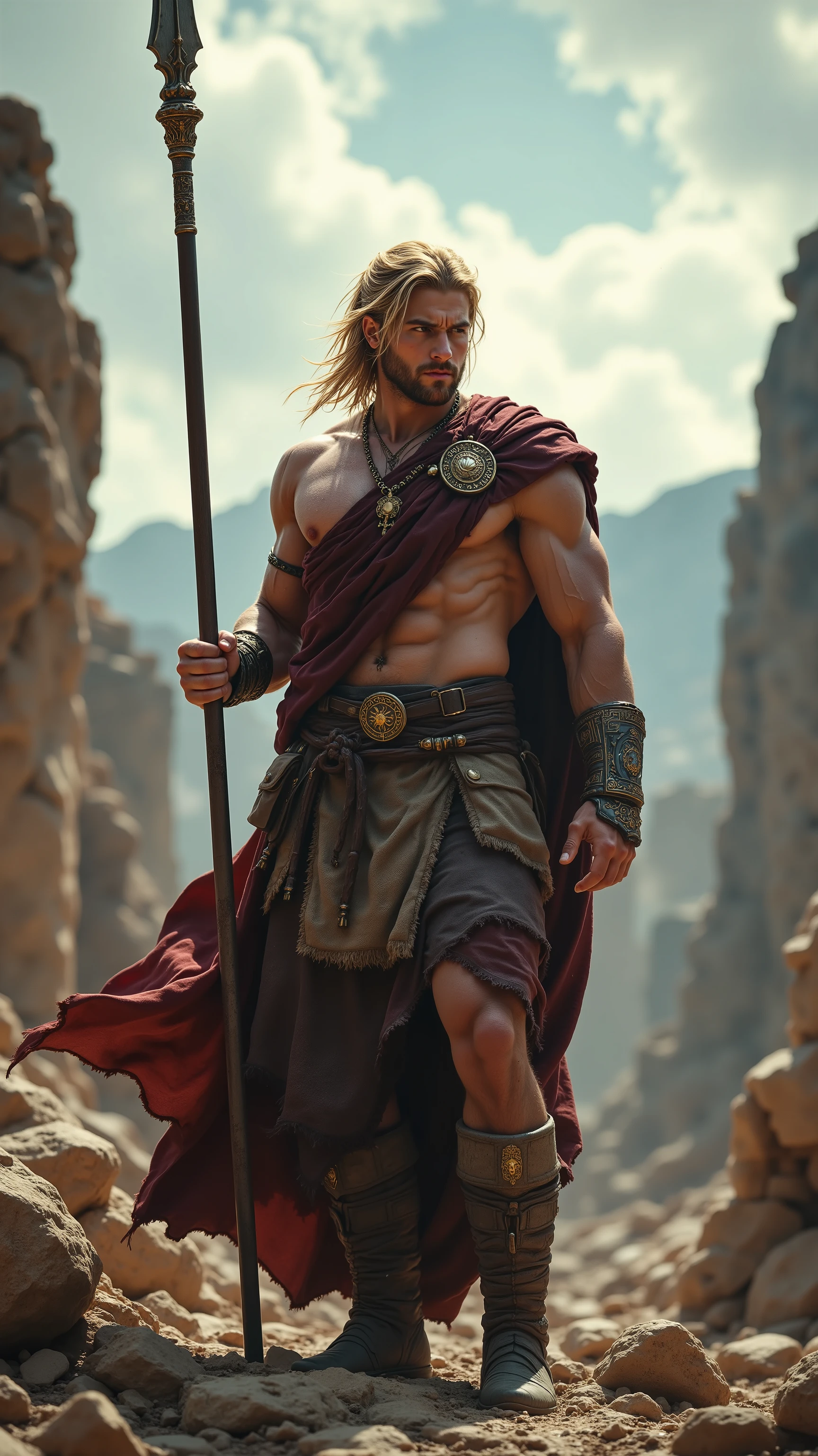A long-haired naked blond muscle god is chained to a heavy wooden beam with his hands up and is beaten with an iron bar by a dark-skinned muscular god, in a castle courtyard, He has huge pectoral muscles, huge calf muscles, exageradamente musculoso, Macho, correntes de ferro pesadas, (fotorealistisch:1.25), (a mais alta qualidade), Premiados, obra-prima:1.45),