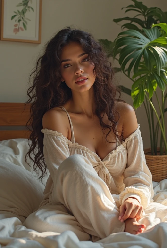 (photorealism:1.2), beautiful woman, sitting on bed, wearing loose off-shoulder top, pajama pants, long curly hair, indoors, soft lighting, plants in background, window with sunlight, cozy room, relaxed pose, realistic, intricate details, warm colors, by Greg Rutkowski, by Alphonse Mucha