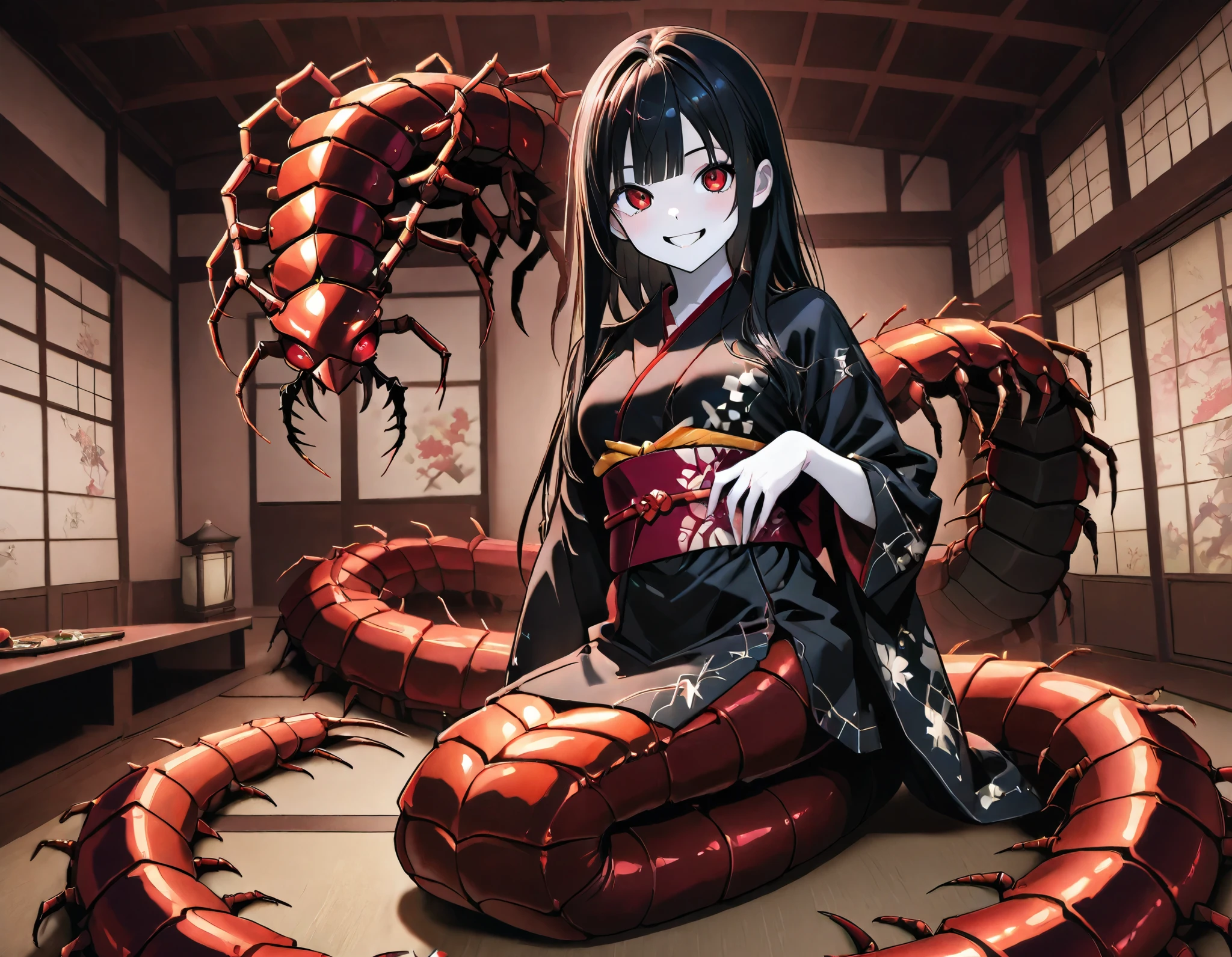 Lamia style girl. Fusion with a centipede. Black centipede body. Red insect legs. giant. Black costume. Japanese kimono dress. Red eyes. Black hair. Straight hair. Neat bangs. Grin. White skin. Japanese house. Indoors. look up.