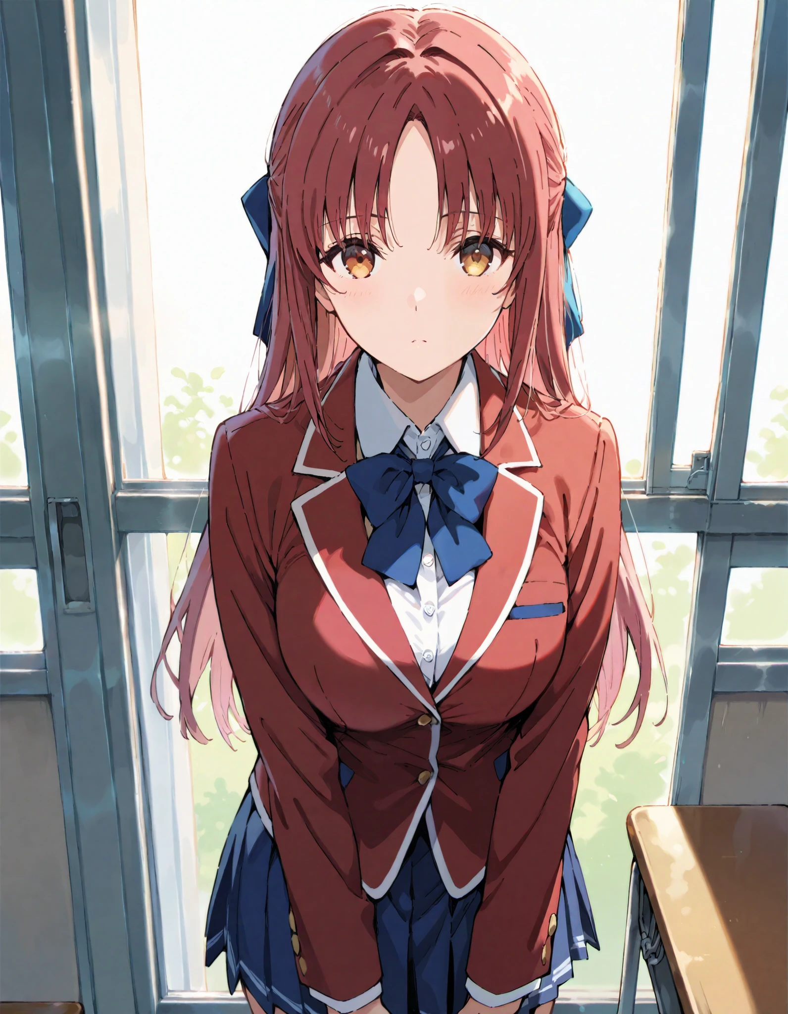 Masterpiece, hd, best quality, 1girl, kiyotaka_ayanokouji, long hair, hair bow, medium breasts , bangs, parted bangs, school uniform, jacket, necktie, blazer, blue bowtie tie, shirt, blue pleated skitt, collared shirt, (red blazer:1.5), looking at viewer, standing, indoor, classroom