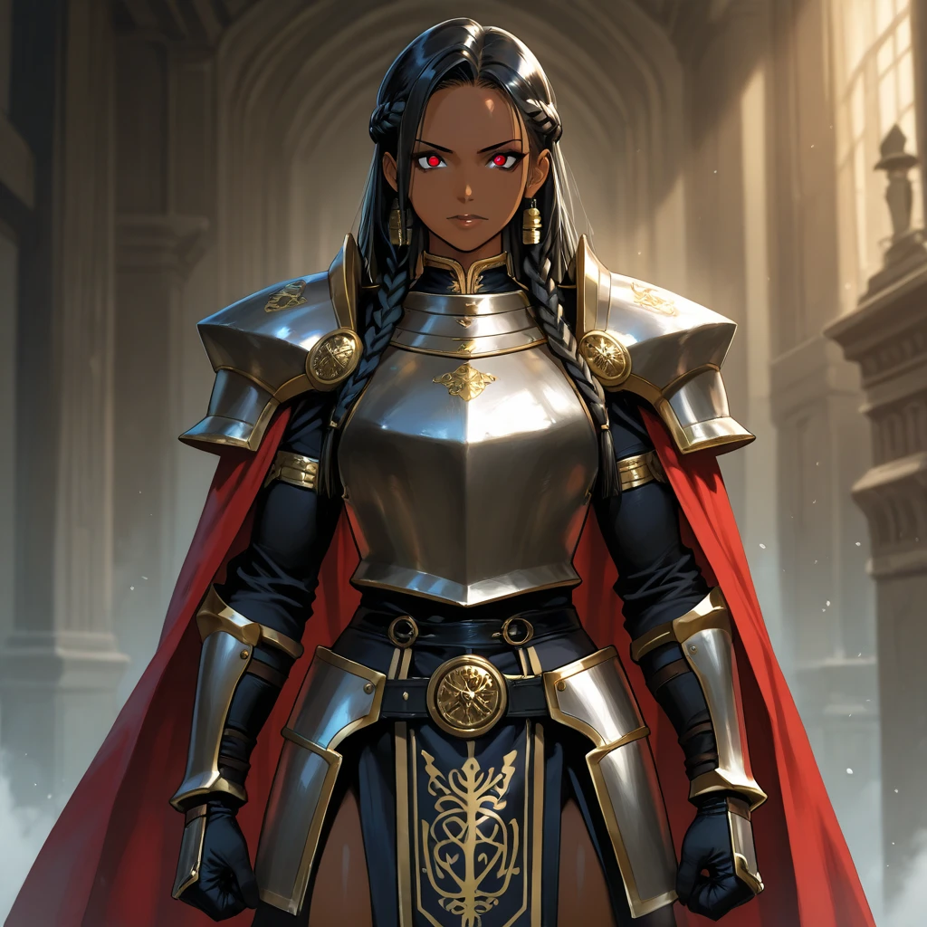 (((black skinned female warrior))), long white hair, golden eyes, dynamic pose, wearing Victorian era armor, ((background: a sky full of clouds))