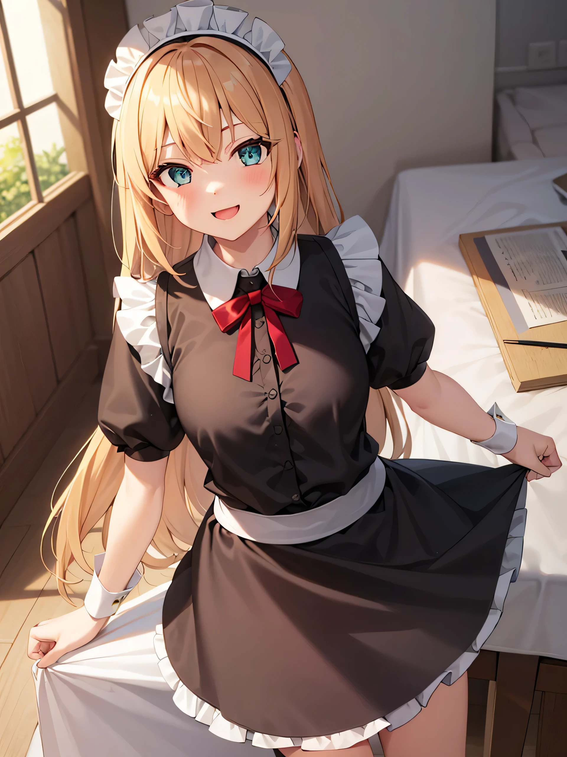 1 girl, , alone,   Lift Your Legs ,  long_hair, A skirt,   golden_hair, maid_have, Watching_Take a step back, Watching_Shown in_ Peeping at the audience ,   through bangs  ,   black_  Lift Your Legs , blush,   black_A skirt, alone, Short_sleeve, clothing_Increase , wrist_Cuff ,   Decorate style  , maid,  furry_Short_sleeve, Side lock,   black_ have eyes , chair, Standing, Frilly_A skirt, Smile，open your mouth，nipple，Protruding nipple，