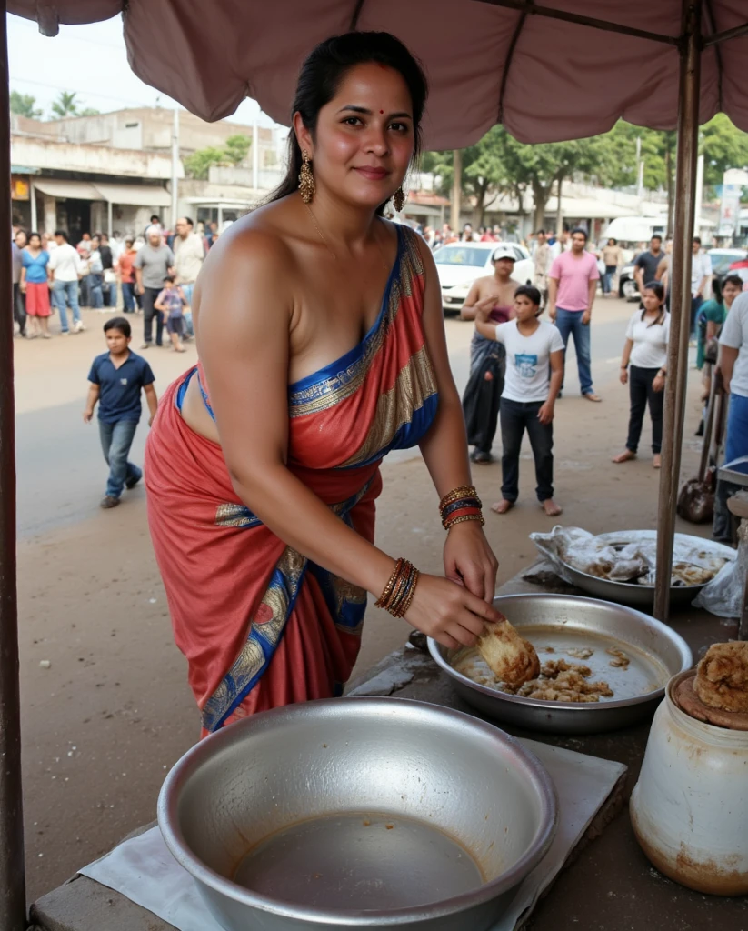 Half-body front view photo of a big titty middle-aged South American mother topless, preparing food for her female colleagues outside. natural .
