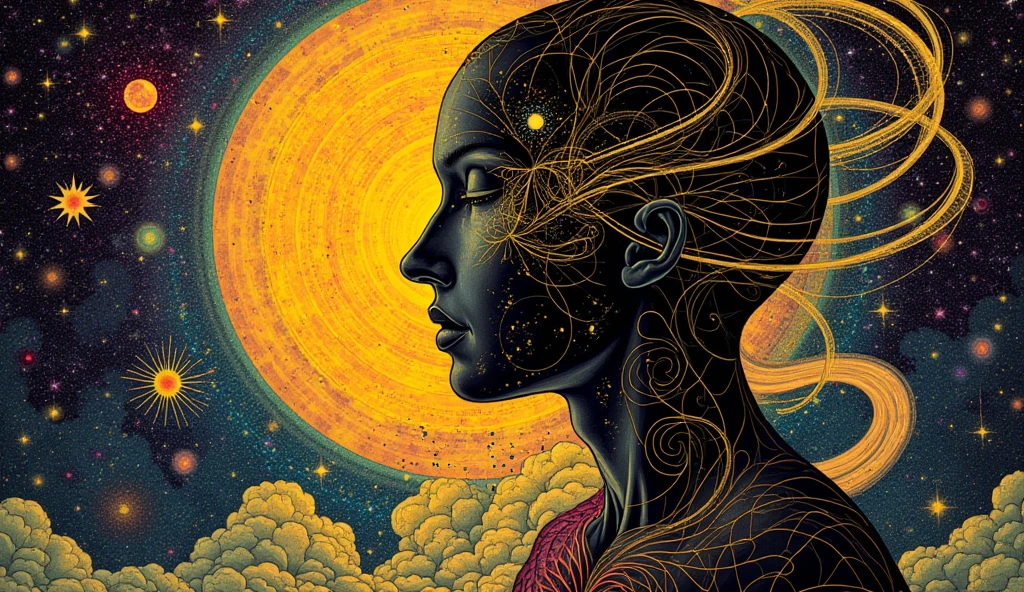 psychedelic cosmic, oniric, fluid, ethereal,alex gray, Robert crumb, Hiroshi Nagai, paul laffoley, Magnificent, mystical,,
psychedelic illustration, alchemy (colors: purple, yellow, blue, green, orange, black)
The artwork depicts a human figure in profile with its lungs and energy pathways illuminated, suggesting an awakening or spiritual insight. The background is adorned with cosmic elements, like swirling galaxies and celestial bodies, inviting viewers to contemplate existence. The warm golden tones contrast sharply with the dark silhouette, creating a striking visual effect. The composition draws the eye towards the figure’s enigmatic expression and the swirling energy emanating from it, evoking a sense of wonder and mystery..