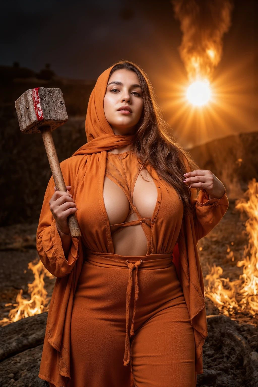 ((best quality)), ((highly detailed)), masterpiece, (detailed eyes, deep eyes), (1girl), (((Body and breasts tied Up with ropes)), long Brown hair, curvy, pod Belly, t-shirt, (sweatpants), slight smile, sitting next to a campfire, (NSFW), drunken face,