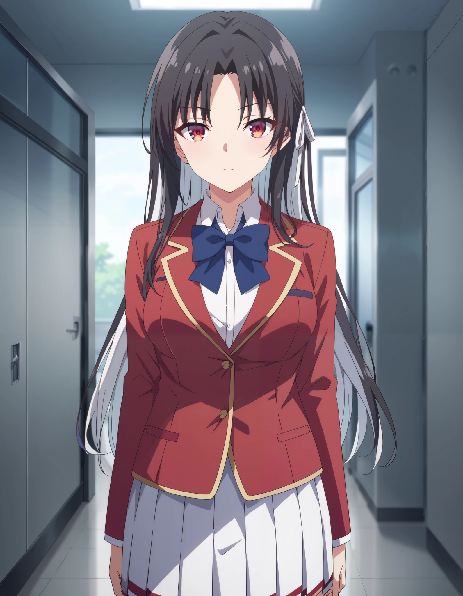 Masterpiece, hd, best quality, 1girl, kiyotaka_ayanokouji, long hair,white hair ribbon, black hair,red eyes, breaded hair, medium breasts , bangs, parted bangs, school uniform, jacket, necktie, red blazer, blue bowtie tie, shirt, white pleated skitt, collared shirt, looking at viewer, standing, indoor, school hallway