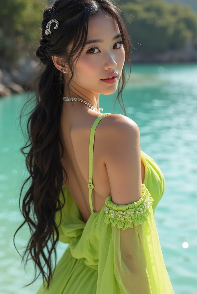 (full body shot:1) photorealistic image of a woman, ultrarealistic, photography, straight long black hair, asian woman, beautiful cute sexy asian 20 years old woman, hourglass figure, perfect body, Flirty look, natural big breasts, long eyelashes, cat eye make-up, double eyelids, sexy pose, erotic pose, seductive pose, big breasts, big tits, wearing a thai traditional dress, thai outfit, thai outfit, jewelries,thai vibrant and gold black green mint traditional outfit, beautiful hair up , ombre, full body shot, hair ornaments, at the sea, sexy pose sitting in the water