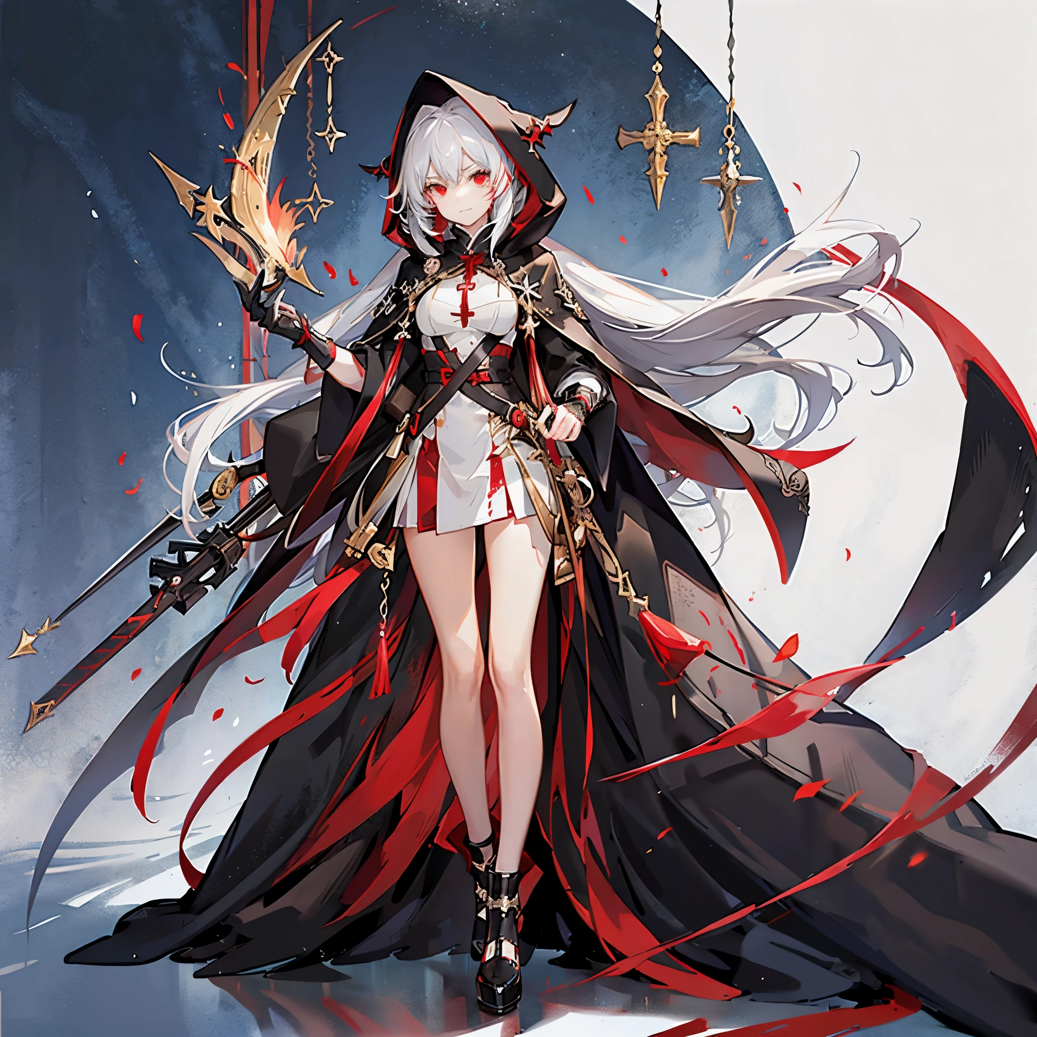 Maiden, bare-legged, playful smile, round red thread striped road black robe, hood, cape, red eyes, long white hair, standing posture, full body, mage, holy girl