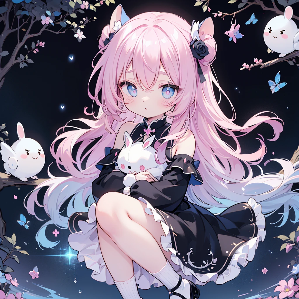 White hair,cat ear,Pink eyes,Light blue Lolita,white panties,pink bows