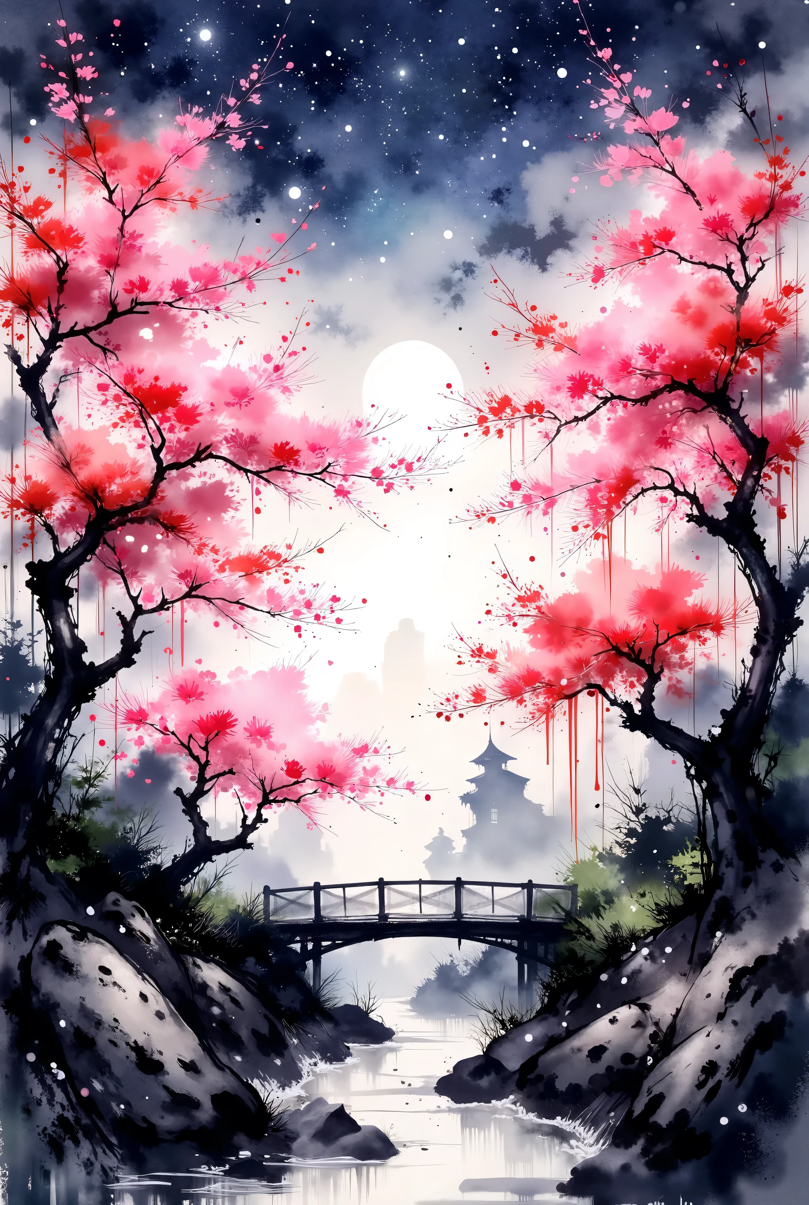 A grove of sakura trees bursts into bloom under a twilight sky filled with stars. Each tree is intricately rendered with ink-brushed branches and soft watercolor petals in shades of pink and crimson that glow faintly as if infused with starlight. The grove is encircled by a gentle stream that winds its way through the scene, its surface shimmering with reflections of the twilight sky and glowing blossoms. A narrow wooden footbridge, aged and moss-covered, arches gracefully over the stream, leading to a central clearing where a single, towering sakura tree radiates an aura of divine light. Tiny glowing motes of energy hover in the air, adding an enchanting, otherworldly feel to the tranquil grove.