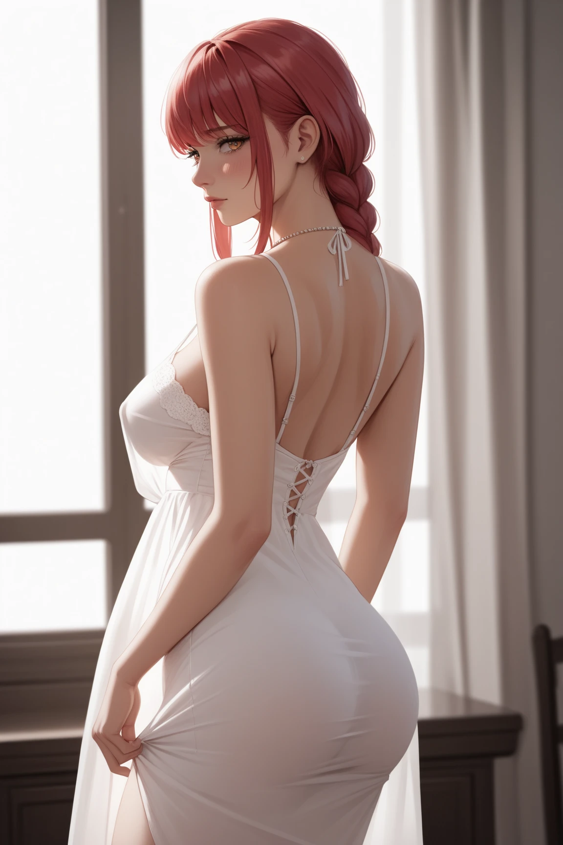 Photorealistic, Sexy, woman's, style of, pigtails, passion, , redhead hair, ssmile, green colored eyes, stands with your back to the viewer, bottom, ((topquality,8K,tmasterpiece:1.3)),focal:1.2,Perfect Beauty:1.6,,(wet clothing:1.1),(the night,Hotel:1.3),nude,