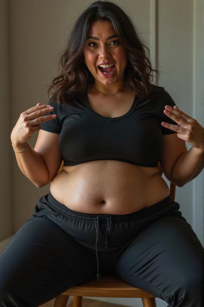 Photograph, dslr photo, (8k, 4k, masterpiece), beautiful pretty sexy athletic woman, smiling, standing in living room, full figure in frame, angled towards viewer, (solo, 1girl), wide shoulders, hands on hips, tank top, leggings, yoga pants, (extraarms:1.2), (woman with four arms), (top hands on head), (young middle eastern woman), black hair, pale skin, goth, (bottom hands extended:1.2), pregnant, busty, laughing
