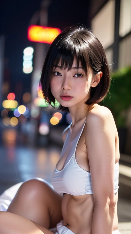 It's pouring rain in downtown New York. ,drenched, Dripping, Wet Face,Wet clothes, Wet Skin, Wet Hair, ((nsfw)), ((Cinema Lighting),(Natural light),(High level of artistry),(artistic),(Indistinguishable quality from the real thing),RAW Photos,Genuine,Genuine,High resolution,RAW Photos,masterpiece, beautiful, One girl, A low s girl with a cute face like a Japanese idol , No makeup,Slender, Small breasts, (Black pixie cut:1.2), (Blunt bangs), Immerse in a World of Dark Tones, night, Sulky,Model pose, Shooting from below, (skinny:1.0),Add Irregular Prints and Patterns, Sharp lines, Unusual Accessories Attached to Clothing、Swimwear Emphasizing Comme des Garçons' Originality and Innovation,Cinema Art Style,Precise fingers、Cinematic Light,(Film Gain:1.4)|(VHS Video:1.2)(old analog film photography:1.4) Vintage Film (1.8), Analog camera (1.5), Film Grain (1.4), Light leakage (1.2), Soft Focus (1.3), Warm tones (0.2), Retro aesthetic (1.7), Lomography (1.3), Nostalgic atmosphere (1.8), Polaroid style (1.5), Faded colors (1.9), Dreamy look (1.3), Overexposure (1.1), Vignette Effect (1.8), Blurred Edges (1.4),