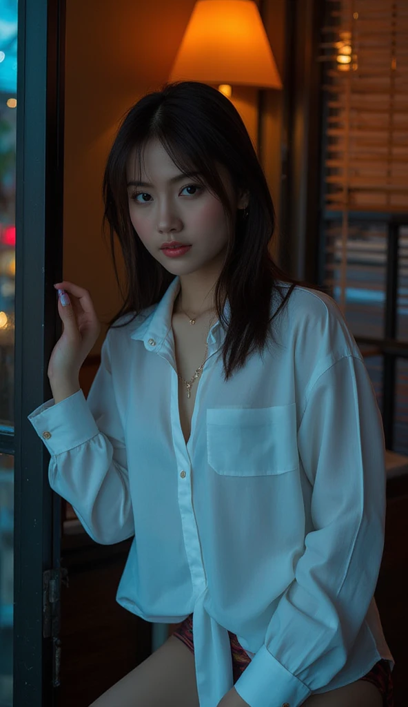 A close-up of her chest and calm expression.、It shows her inner peace and outer charm.。、((Highest quality, 8k, masterpiece :1.3)), whole body, Sharp focus :1.2, Beautiful woman with perfect figure :1.4, Slim Abs :1.2, ((Dark brown hair, Big Breasts :1.2)), Body Dress :1.1, (Night city view, Modern balcony :1.1), Highly detailed face and skin texture, Detailed eyes, double eyelid, Small breasts, OL Uniform, Office Wear, White T-shirt, Exposed cleavage, (Black Pantyhose), (No pants), Indoor scene,