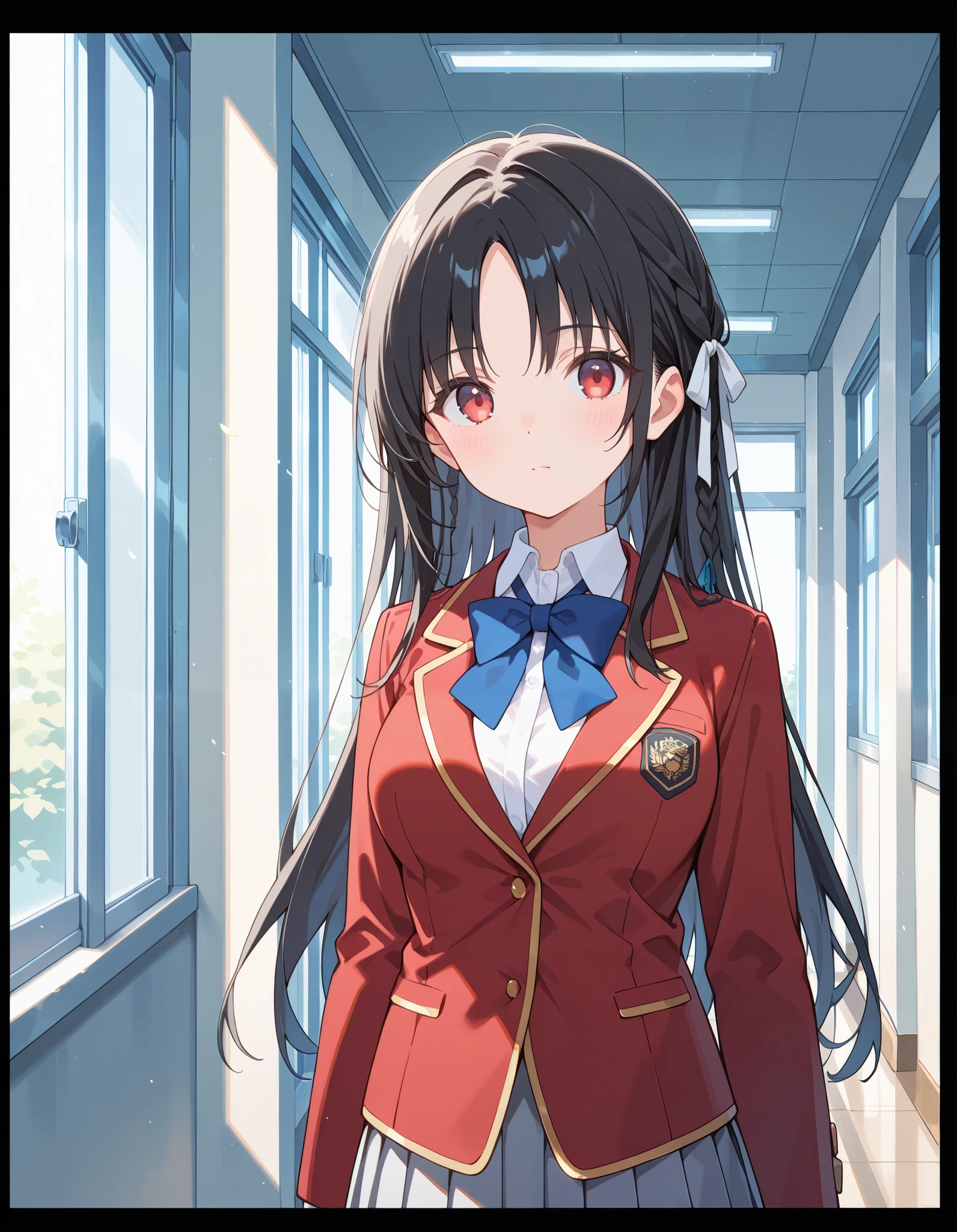 Masterpiece, hd, best quality, 1girl, kiyotaka_ayanokouji, long hair, hair ribbon, black hair,red eyes, braided hair, medium breasts , bangs, parted bangs, school uniform, jacket, necktie, red blazer, blue bowtie tie, shirt, white pleated skitt, collared shirt, looking at viewer, standing, indoor, school hallway