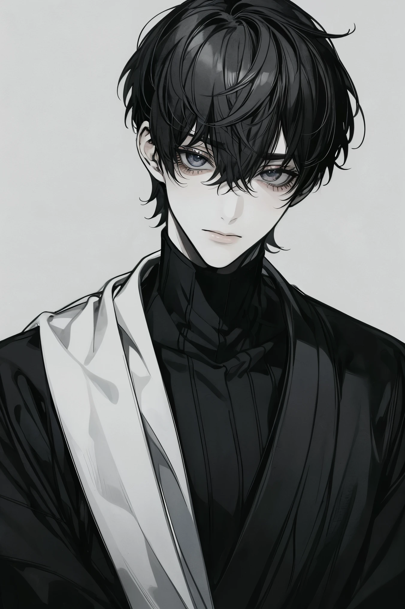 impasto, short hair, masterpiece, best quality, 1 man , bangs, perfect face , black eye , handsome male , Alone, pale skin , adult male , upper body , delicate line drawing,Extremely detailed , a faint smile, black turtleneck, kimono,deep shadow,