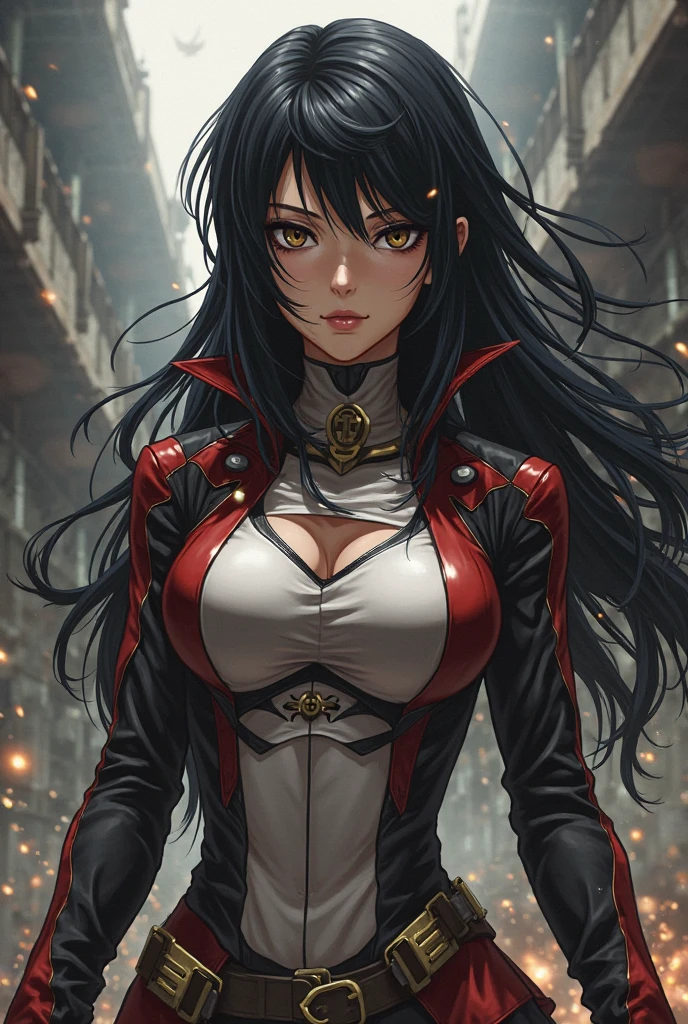 Art in the style of the anime Attack on Titan, full - body art: uma mulher de 20 anos, with long dark brown hair, with a braid over the shoulder on one side of the head, and on the other side a large hair clip in the shape of a butterfly wing. With black and gold leather clothes covering the entire body, high collar, holding a katana