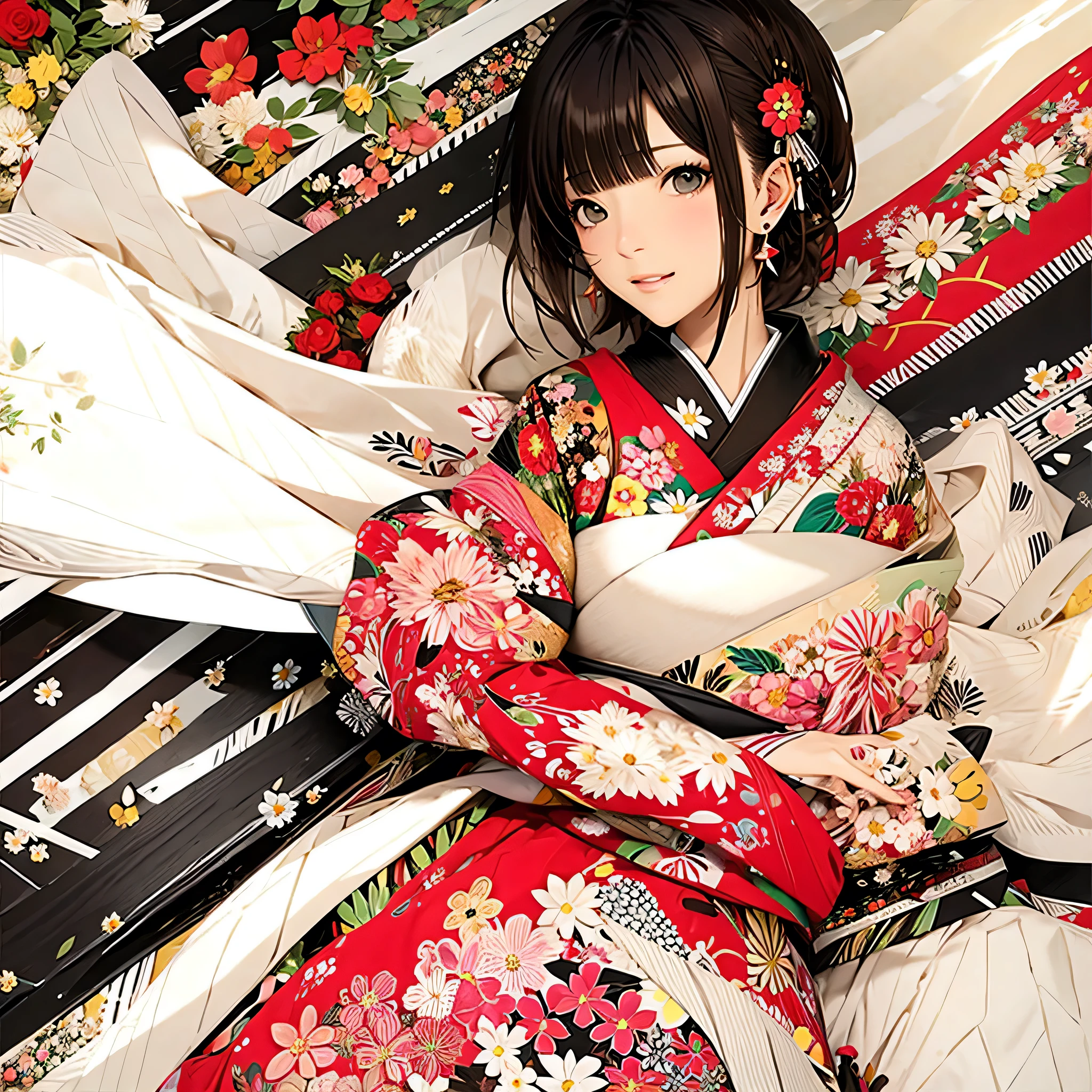 (masterpiece、best quality、best quality、official art、beautiful、Midea:1.2)、beautiful like a painting、  sketch、texture、 Ultra High Resolution 、alone、 BeautifulGirl、very detailed、(Fractal Art:1.1)、(colorful:1.1)(  Floral  :1.6)、  most detailed、([    " [    " tangled  :1.2)、(Abstract background:1.3)、(Glowing Skin)、(many color:0.8)、、(earrings:1.4)、(Feather:0.9)、  Taisho Romance, ,  long hair up to the waist, amount, 壊す smiling amidst the  scenes、Dynamic Angle, Most Beautiful Form of Chaos, elegant, color, kimono、 beautiful pose、Beautiful Retrospective、 back is open、Flowers are carnations 、