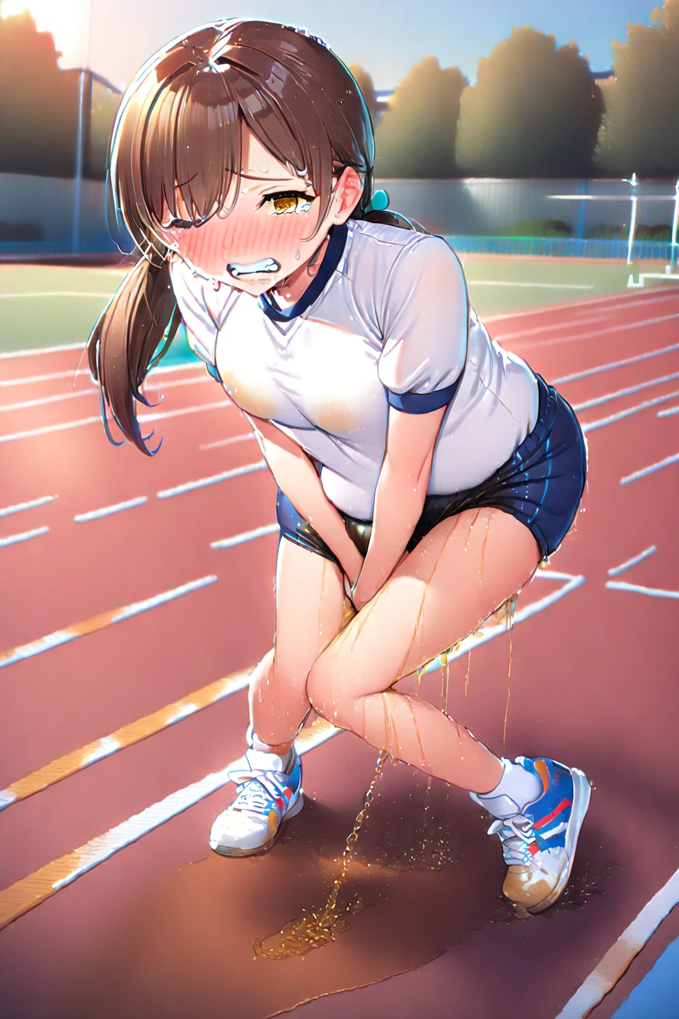 ((chibi, large head, flat chest, short stature)), dark skin, short hair, spiky hair, black hair,  ((loose socks, female gym uniform, long sleeves shirt, latex shorts, red buruma, white shirt, cameltoe)), standing, (((peeing self, wetting self, dark pee stains, puddle))), (blushing, crying, embarrassed expression, open mouth, screaming), full body, closed eyes, track and field background, ((crowded grandstand, audience cheering)),(((1girl, solo, female focus))), hands on head