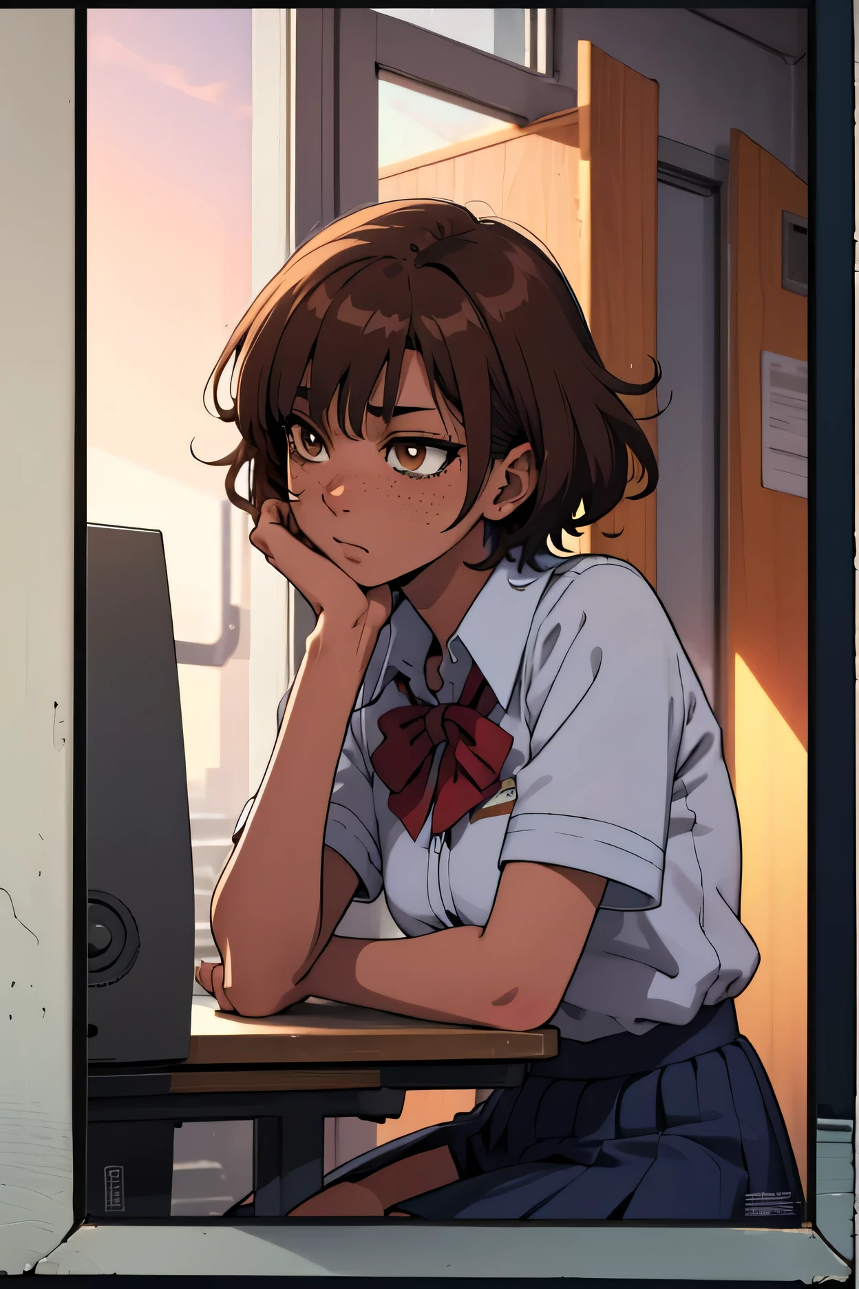 Ultra-high-definition, super-detailed full-HD, ultra detail, high detailed digital anime art, fine details. anime,8k, masterpiece, hi-resolution, best quality, hi-res, Top Quality, High Quality, High Resolution, pretty, attractive, woman, anime, high detailed digital anime art, fine details. anime,8k, masterpiece, hi-resolution, best quality, hi-res, Top Quality, High Quality, High Resolution, woman, short hair, spiky hair, brown hair, school uniform, hourglass figure, brown eyes, knee-high stocking, freckles, athletic, tall, sitting on chair, embarrassed, tan lines, curvy