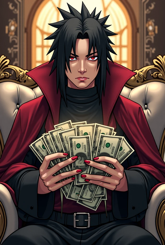 (ageha sitting on pile of golden coins), pile of golden coins, (golden coins background), treasures, shiny gems, ageha with top hat, rich, black suit, business suit, sharply dressed, monstergirl, by Ray-kbys, unusual eye, asymmetrical eyes, extra pupils, extra arms, tentacles, skeletal arm, lots of coins, capitalism ho, magnate ageha, robber baron, gilded age, smug, greedy, superiority, victorian rich person, absurdres