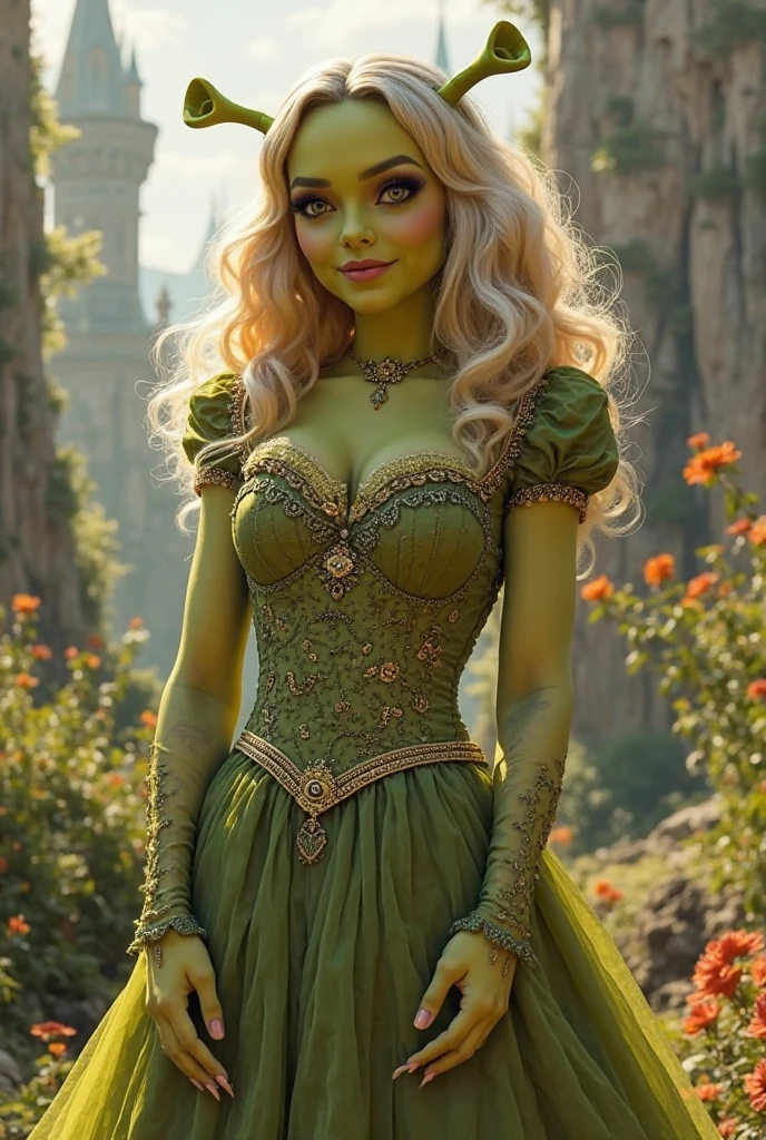 A female alien that look likes a woman with long curly hair and medium breasts, 30 years old, her skin is green, is wearing a dress and looking at camera with a smile