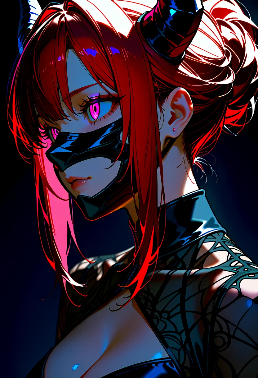 masterpiece, best quality, solo, (yorha no. 2 type b:1.14), (covered eyes:1.05), (portrait:1.1), (upper body:1.1), medium breasts, expressionless, 1girl, solo, (ruffling hair, messy hair:1.1), red hair, makima \(chainsaw man\), best quality, ultra detailed, 1girl, solo, standing, medium hair, blunt bangs does not look at the viewer, blindfolded,