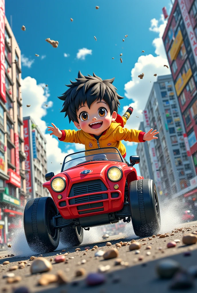 An anime boy driving a car on the street with explosions