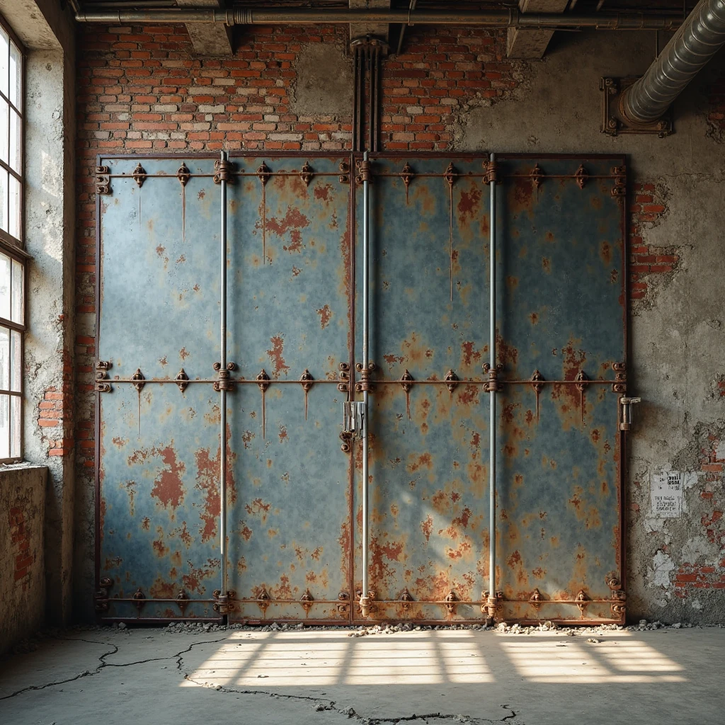 A large, weathered warehouse wall with industrial metal panels and brick peeking through cracked cement. The rust-stained bolts, chipped plaster, and old poster remnants add a touch of urban nostalgia. Soft side lighting casts dramatic shadows, emphasizing the rugged textures and creating an underground fashion aesthetic—ideal for showcasing bold, rebellious streetwear collections