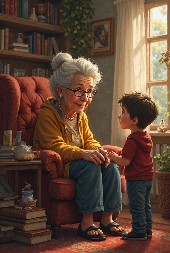 A cozy living room scene where an elderly mother is sitting on a comfortable armchair, gently talking to her young son, who is seated on a small stool beside her.