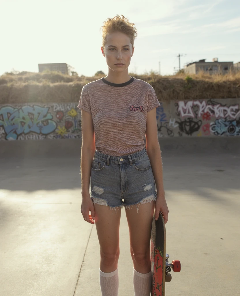 A portrait of a blonde woman named st3v13 with a serious expression. The afternoon sun shines brightly down on the concrete skate park. She is dressed is cut off denim shorts and a striped T-shirt with knee high socks and red sneakers, holding a skateboard. She a very, very short blond spiky faux hawk haircut. Graffiti decorates the concrete wall behind her.