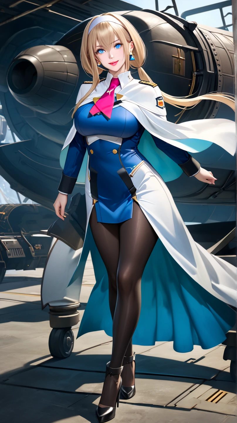 Grid girl . The character is wearing a grid girl costume. The costume is a shiny costume based on blue and white, and the top is short. The sleeves are patterned in blue and white, and the bottoms are tight shorts. They are wearing silver high-heeled boots underfoot. She has an energetic and confident smile on her face. Circuit pits and racing cars line up in the background.